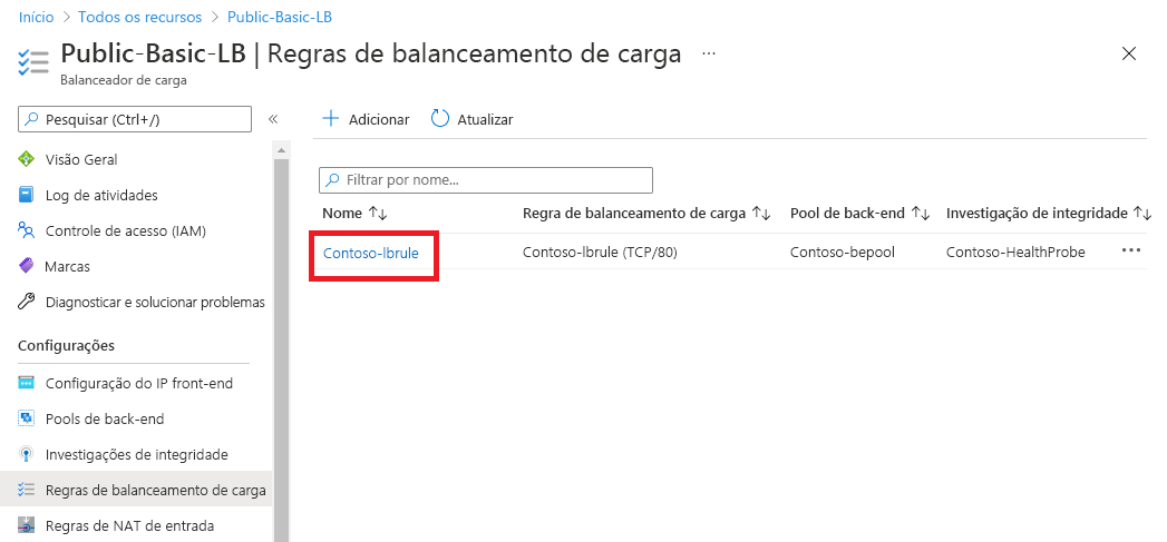 Captura de ecrã da página Ver lista de regras de balanceamento de carga adicionadas.