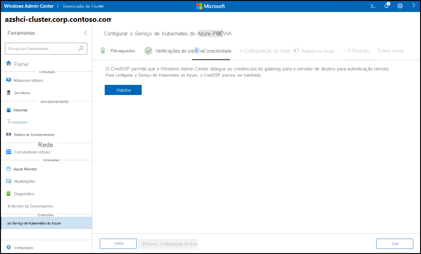 A captura de tela mostra a etapa Conectividade do assistente Configurar o Serviço Kubernetes do Azure no Windows Admin Center.