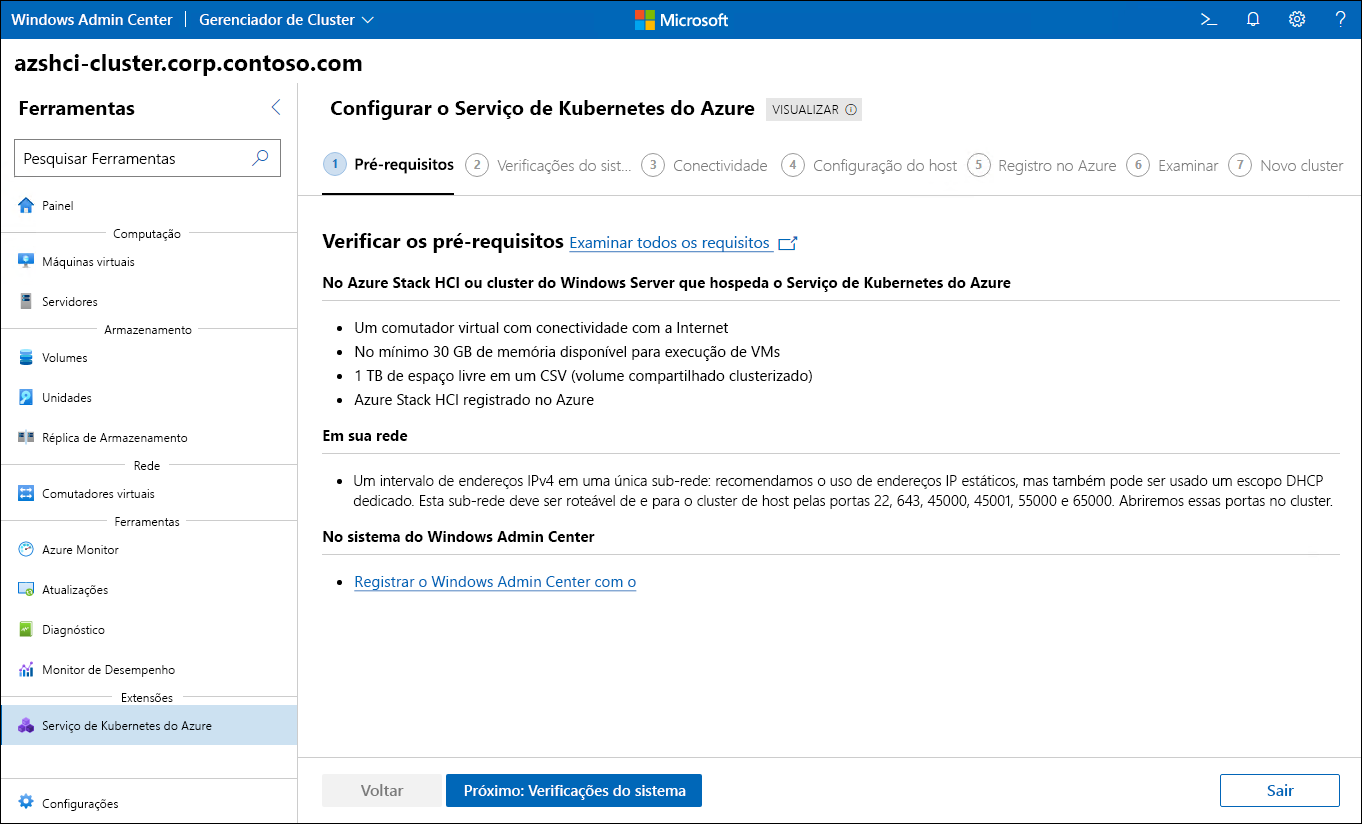 A captura de tela mostra a etapa Pré-requisitos do assistente Configurar o Serviço Kubernetes do Azure no Windows Admin Center.