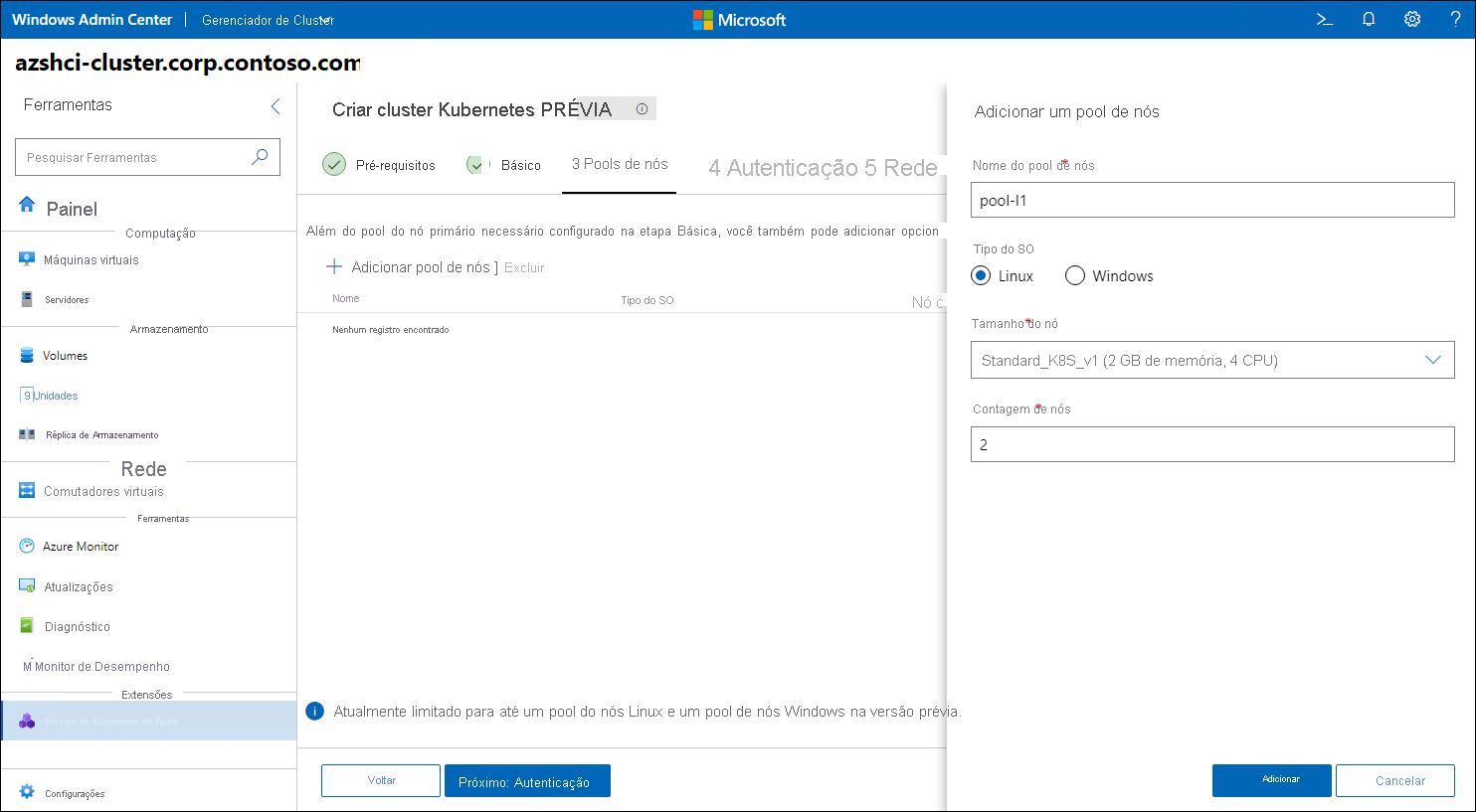 A captura de tela mostra a folha Adicionar um pool de nós do assistente Criar Cluster Kubernetes no Windows Admin Center.