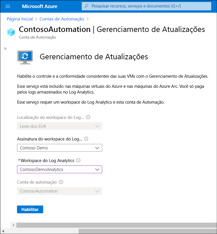 Uma captura de tela do administrador selecionando Gerenciamento de atualizações em uma conta de espaço de trabalho do Log Analytics e uma conta de automação.