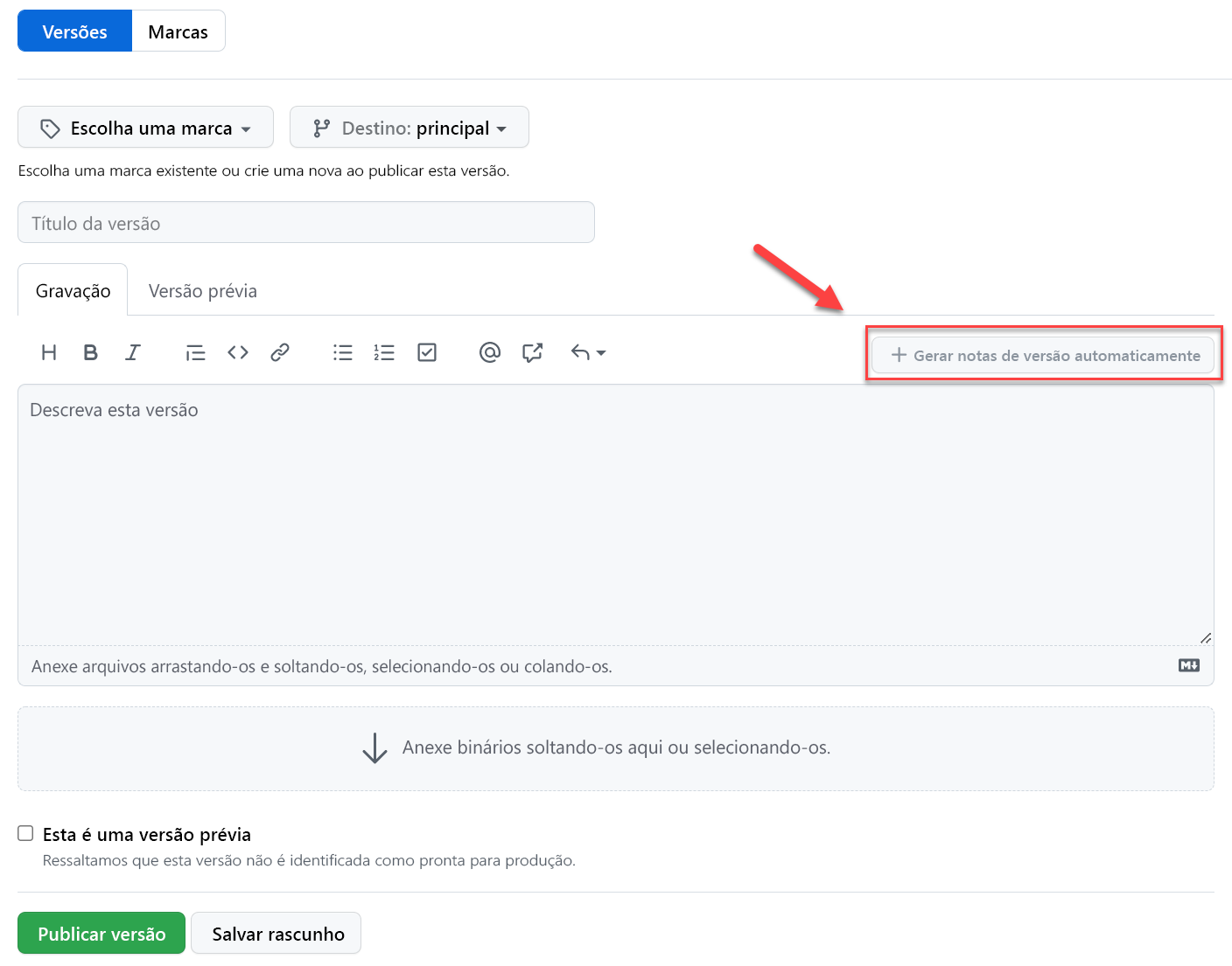 Captura de tela de como criar notas de versão do GitHub.