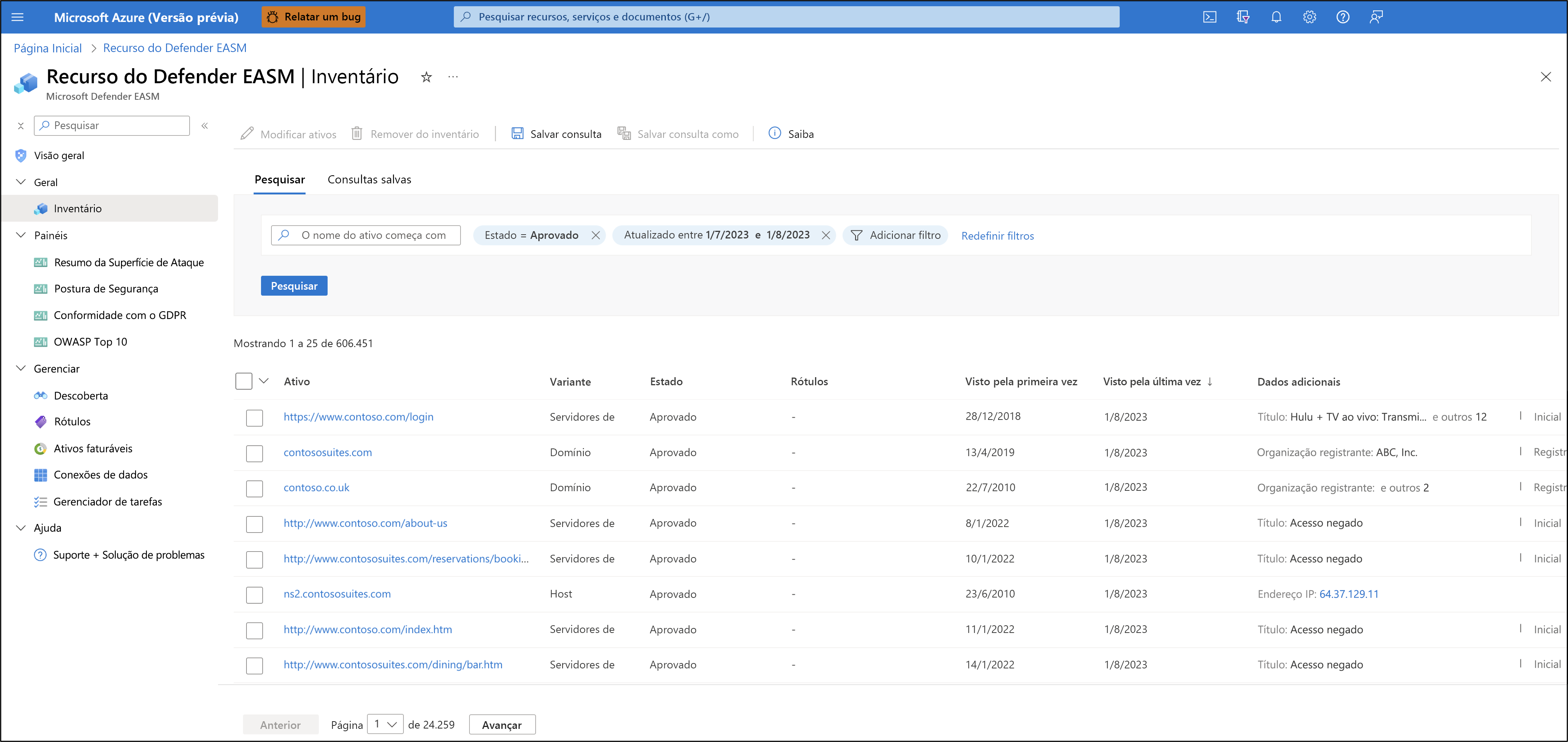 Screenshot showing the Microsoft Defender External Attack Surface Management inventory page.