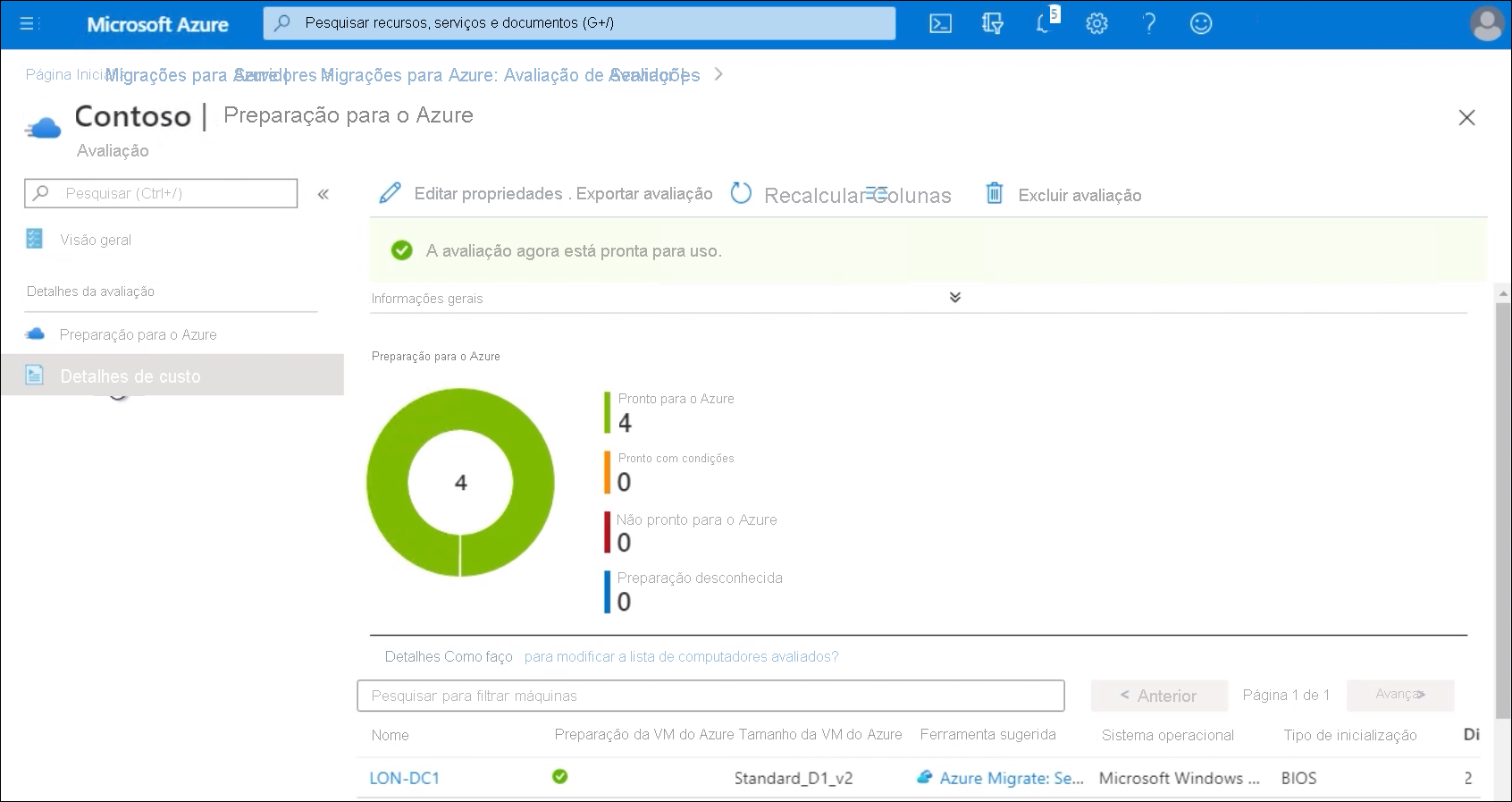 Uma captura de tela de um relatório de migração com quatro VMs prontas para migração.