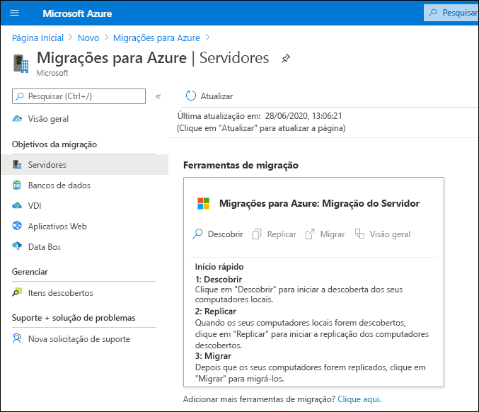 Uma captura de tela do portal do Azure. O administrador adicionou o Azure Migrate e selecionou a ferramenta Azure Migrate: Server Migration.