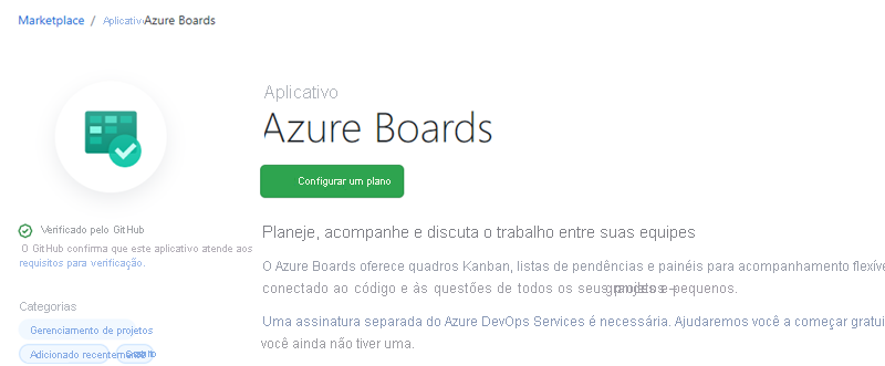 Captura de ecrã da integração da Aplicação Azure Boards.