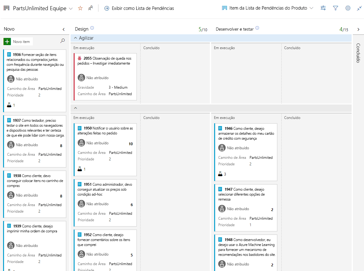 Captura de tela de quadros Kanban com itens de trabalho.