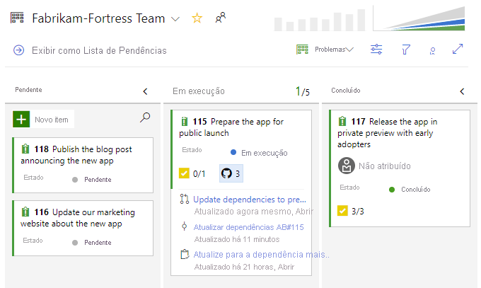 Captura de tela da integração do GitHub e do Azure Boards.