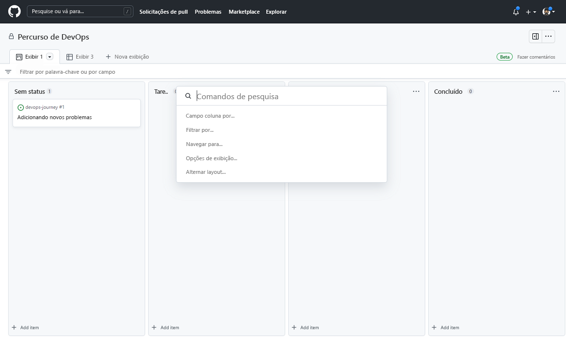 Captura de tela do quadro Projetos do GitHub (beta).
