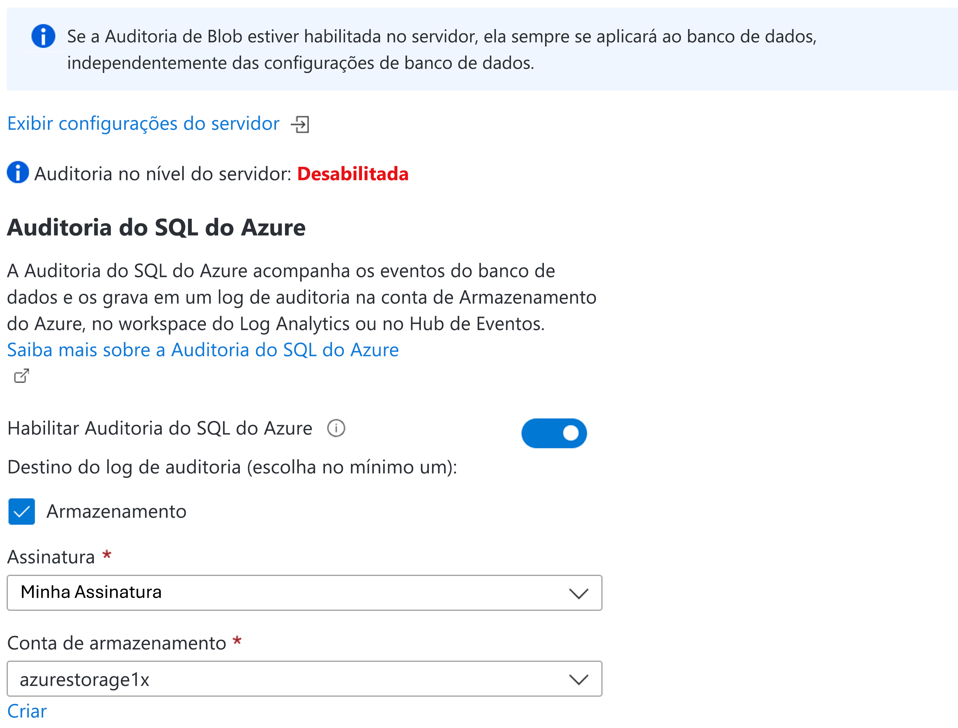 Captura de tela mostrando um exemplo de uma configuração de auditoria usando o portal do Azure.