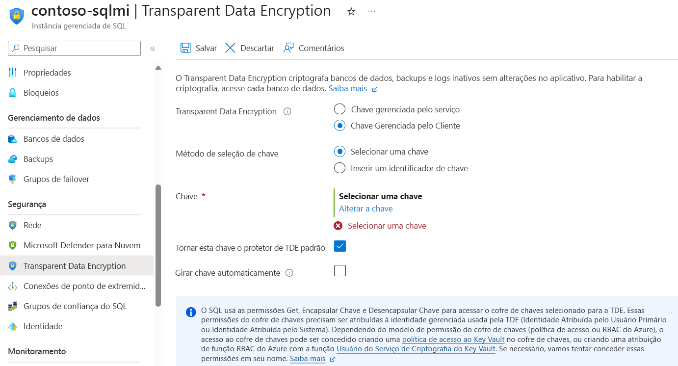 Captura de tela mostrando como usar a criptografia de dados transparente com o suporte Bring Your Own Key.