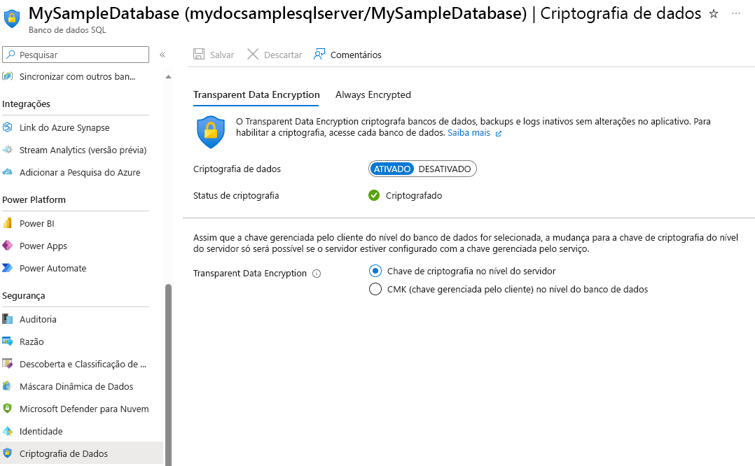 Captura de tela mostrando como habilitar e desabilitar a Criptografia de Dados Transparente no nível do banco de dados.