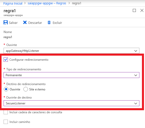 Captura de tela mostrando um exemplo da página de definições de configuração de redirecionamento.