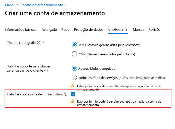 Captura de ecrã a mostrar como criar uma conta com a encriptação de infraestrutura ativada.