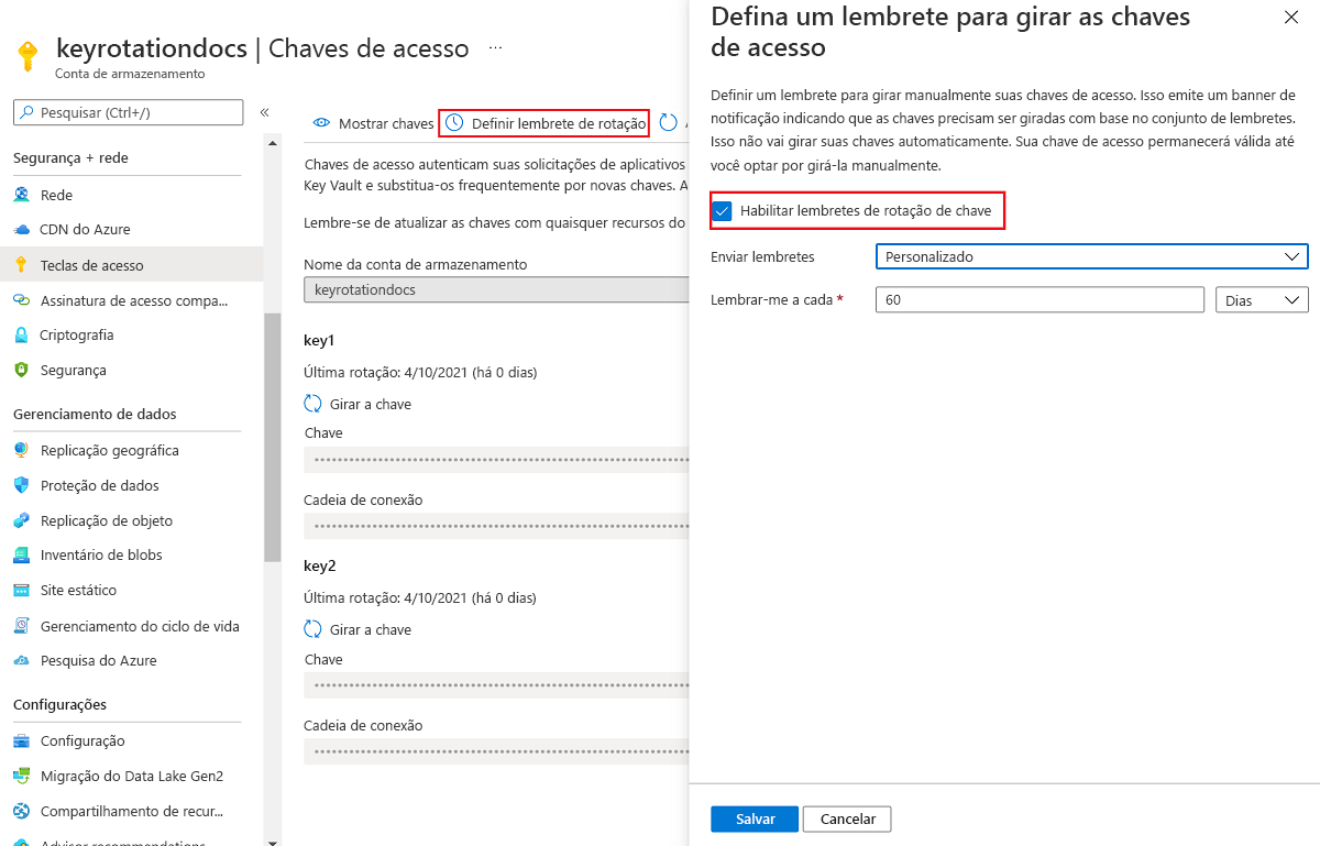 Captura de ecrã a mostrar como definir um lembrete para rodar teclas.