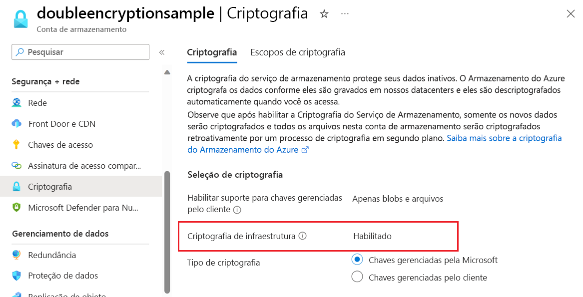 Captura de tela mostrando como verificar se a criptografia de infraestrutura está habilitada para uma conta de armazenamento.