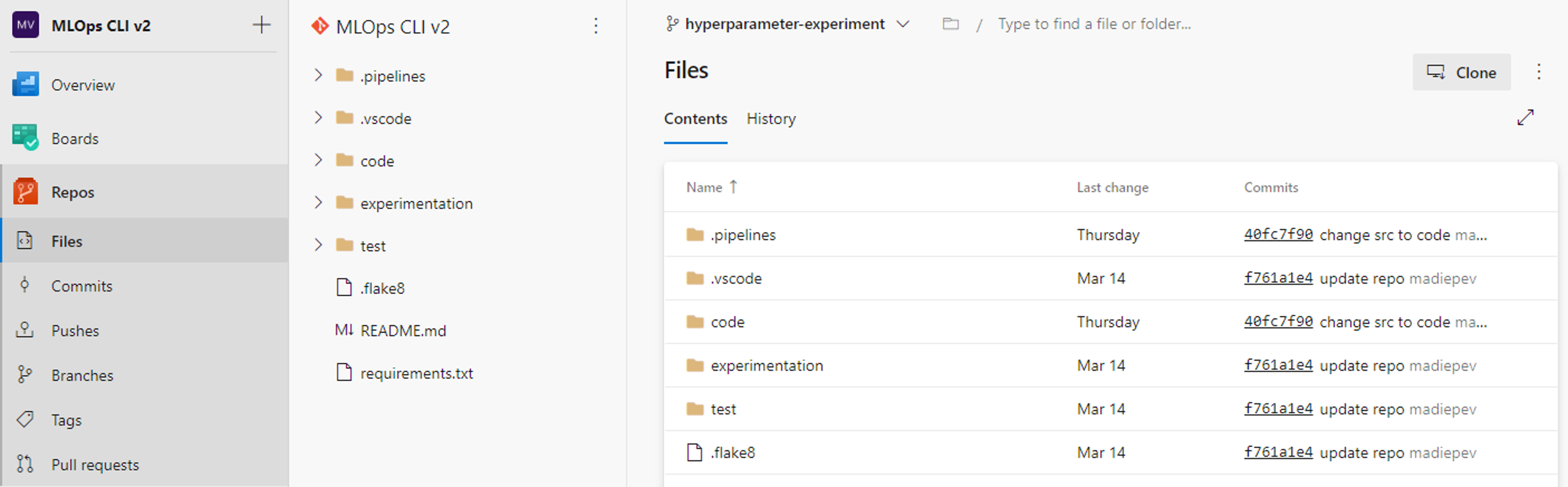 Captura de ecrã do Azure Repos a mostrar ramificação.