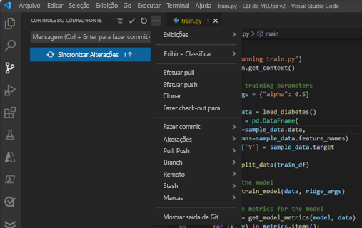 Captura de tela do push no painel de controle do código-fonte no Visual Studio Code.