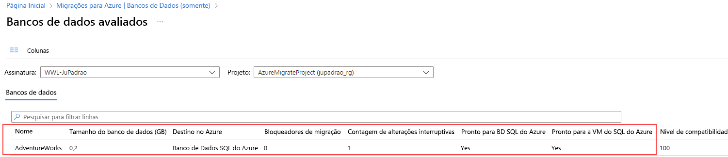 Captura de ecrã dos resultados da página das bases de dados avaliadas após o carregamento do relatório de avaliação.