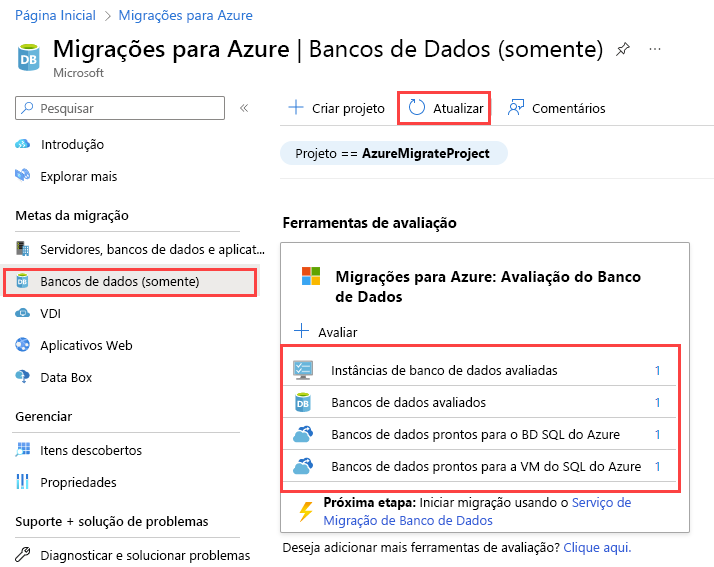 Captura de ecrã dos resultados do Azure Migrate: Database Assessment após o carregamento do relatório de avaliação.