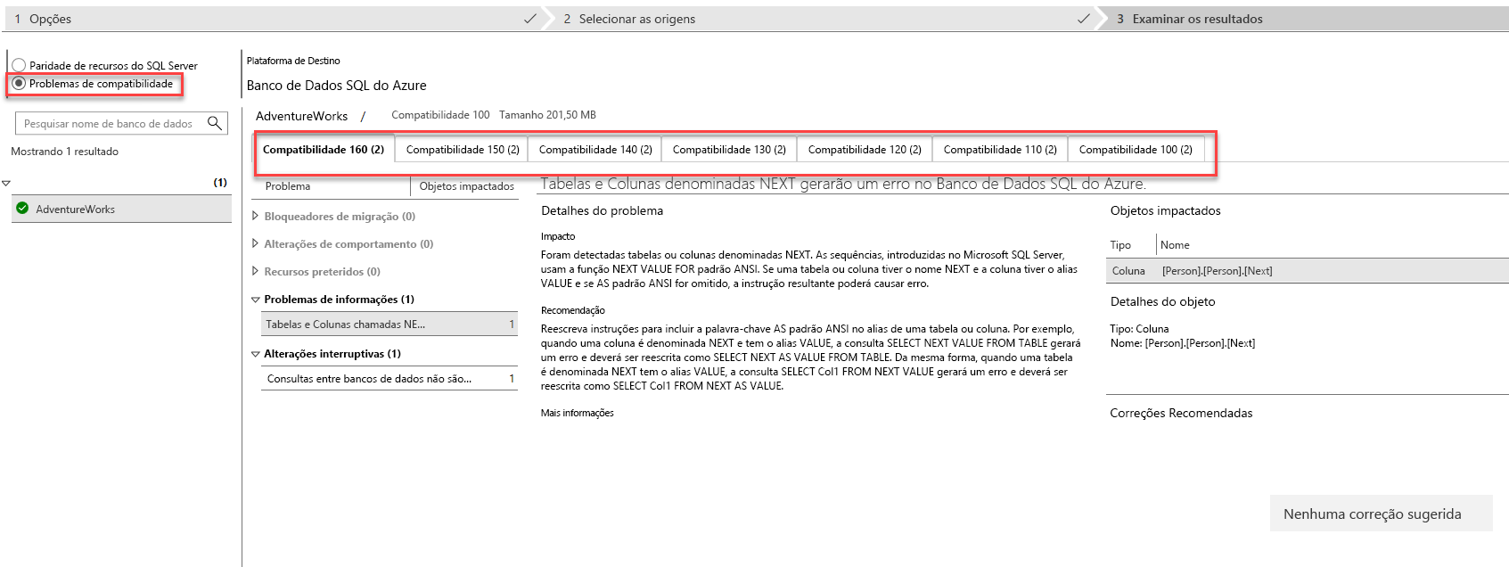 Captura de ecrã do separador de resultados da revisão depois de executar uma avaliação de compatibilidade no Assistente de Migração de Dados.