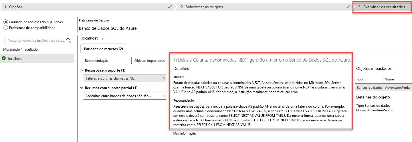 Captura de ecrã do separador de resultados da revisão depois de executar uma avaliação no Assistente de Migração de Dados.