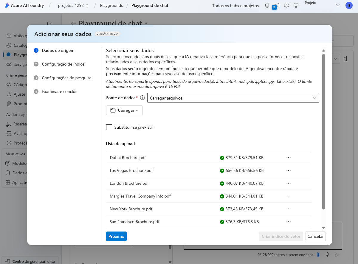 Captura de ecrã da caixa de diálogo Adicionar Dados no Azure AI Studio.