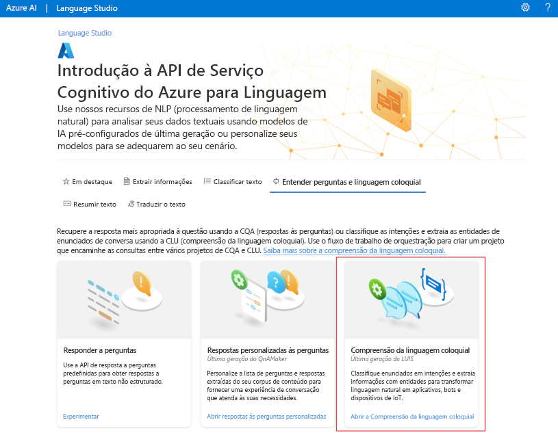 Screenshot of the Language Studio home page.