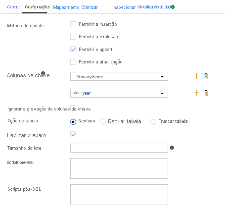 Definindo configurações de coletor no Azure Data Factory