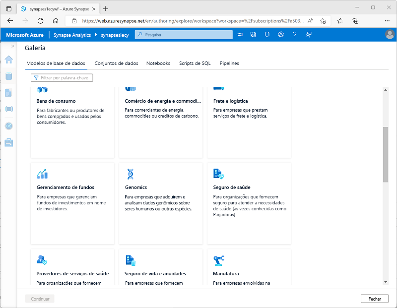 Captura de ecrã da galeria no Azure Synapse Studio, mostrando modelos de base de dados.