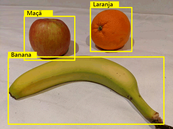 A photograph of fruit with the location and type of fruits detected.