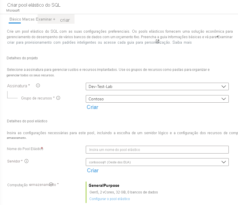 Criação de pool elástico no portal do Azure