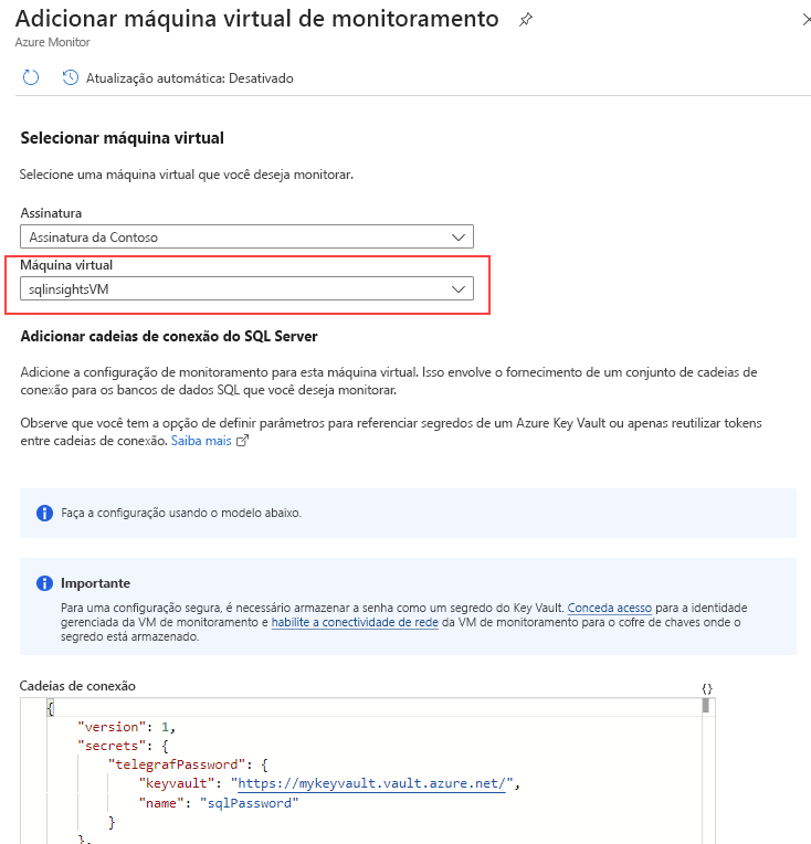 Captura de tela da página adicionar máquina virtual de monitoramento para SQL Insights.