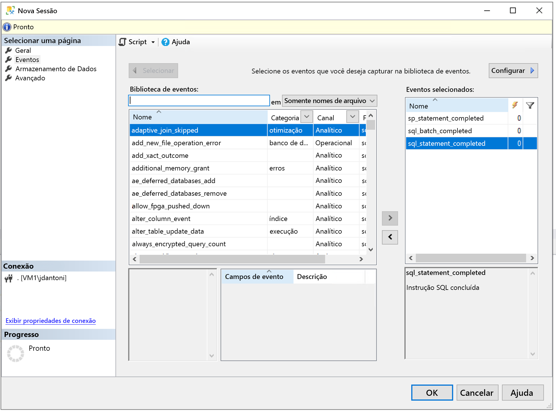 Seleção de eventos no SQL Server Management Studio