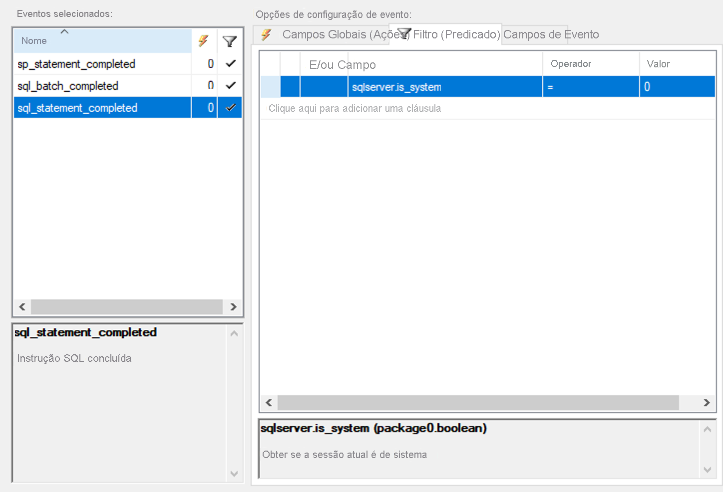 Filtro de eventos no SQL Server Management Studio