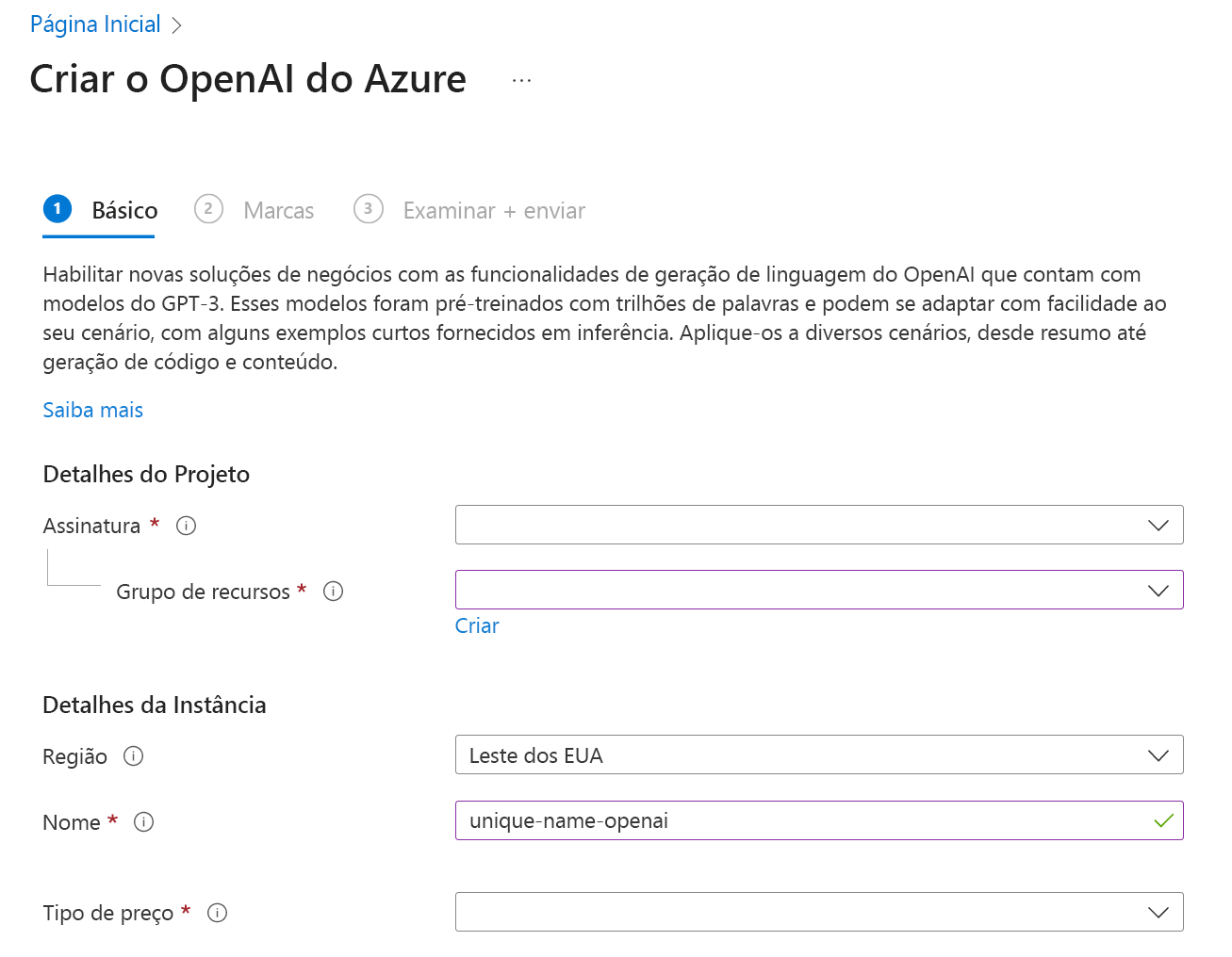 Captura de ecrã da página do portal do Azure para criar um recurso do Serviço OpenAI do Azure.