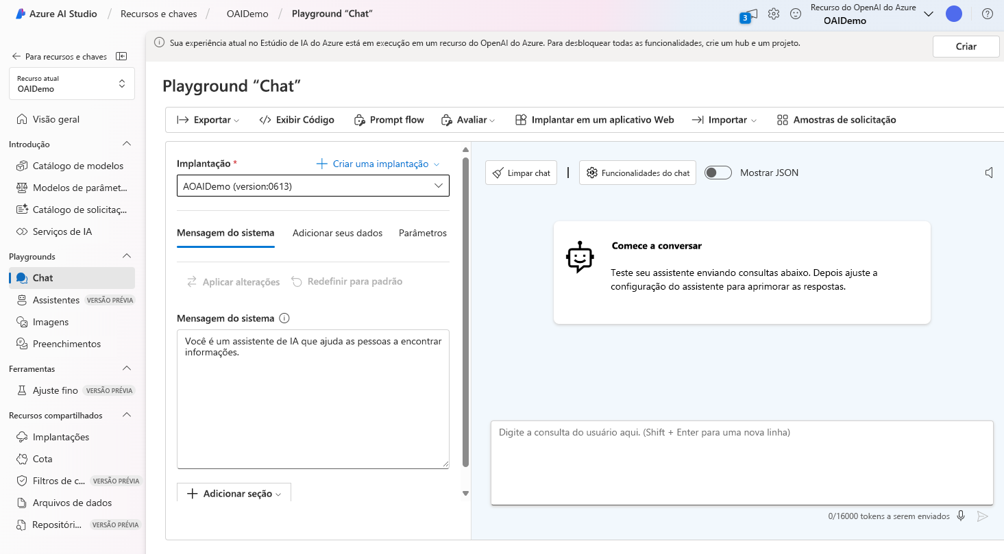 Captura de tela do playground de bate-papo do portal do Azure AI Foundry.