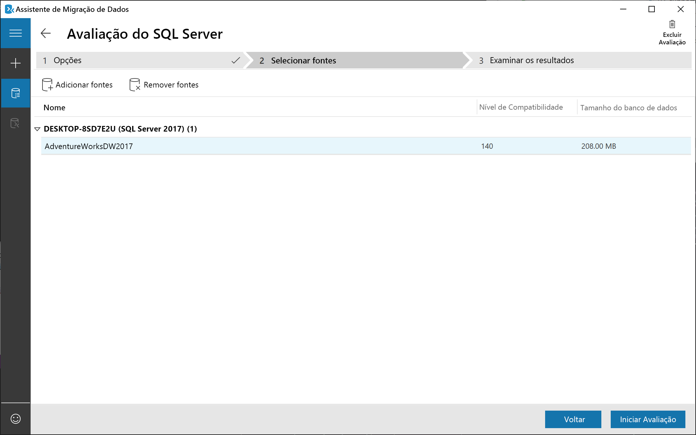 Escolhendo as opções de avaliação no Assistente de Migração de Dados