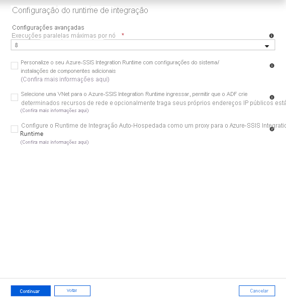 Configurações avançadas de configuração do Integration Runtime