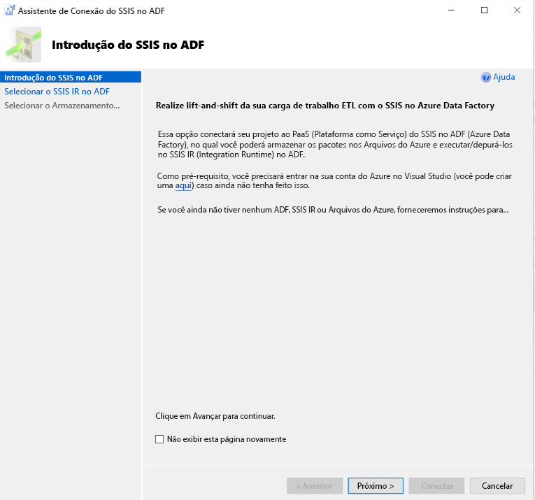 SSIS na tela de introdução do ADF