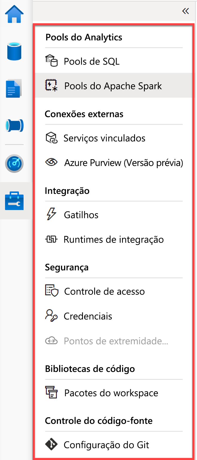 Usando o hub Gerenciar no Azure Synapse Studio