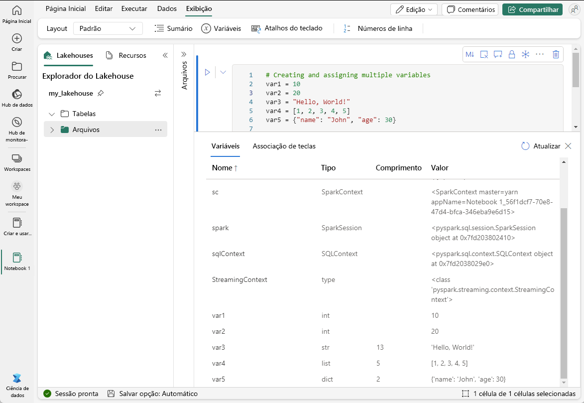 Screenshot of the variable explorer in a Microsoft Fabric notebook.