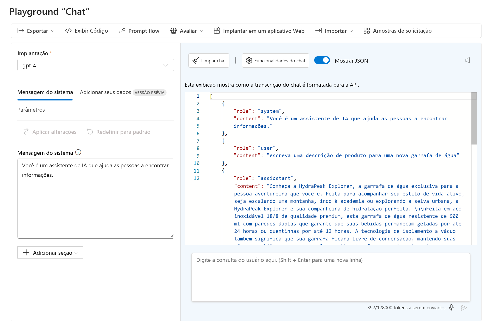 Captura de tela mostrando a saída JSON de uma conversa no playground de bate-papo.