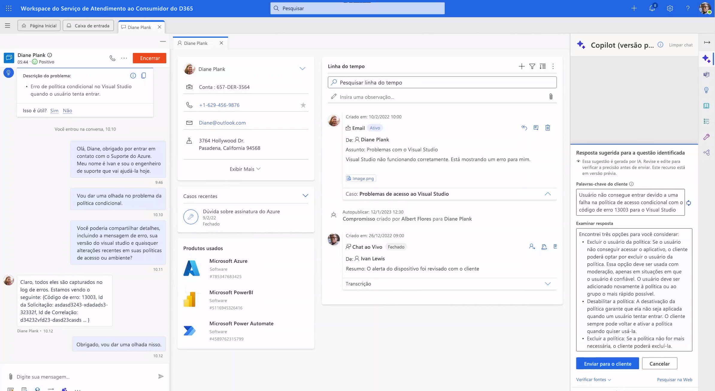 Captura de ecrã do Atendimento ao Cliente do Copilot for Dynamics 365.