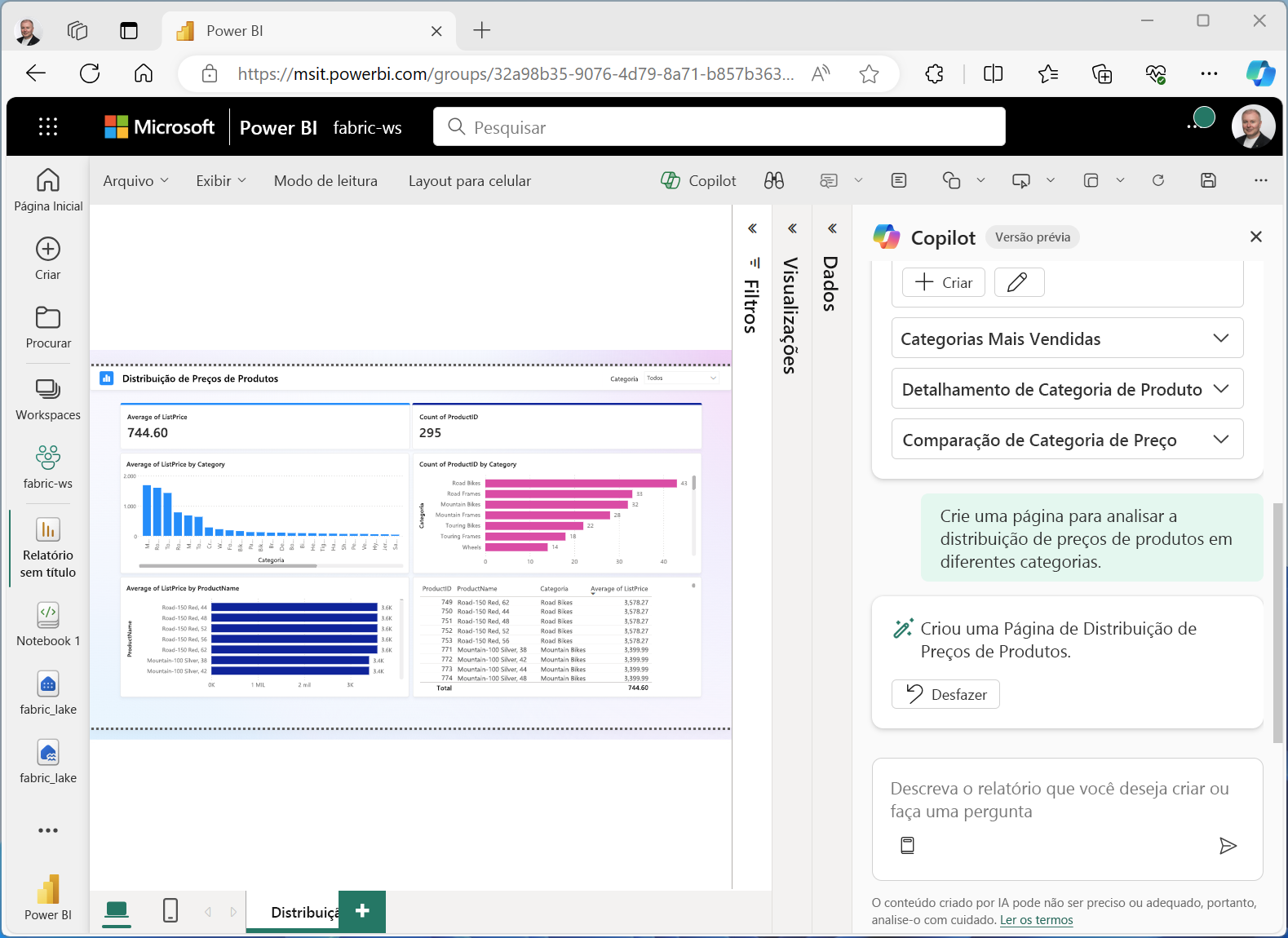 Captura de ecrã do Copilot no Power BI.