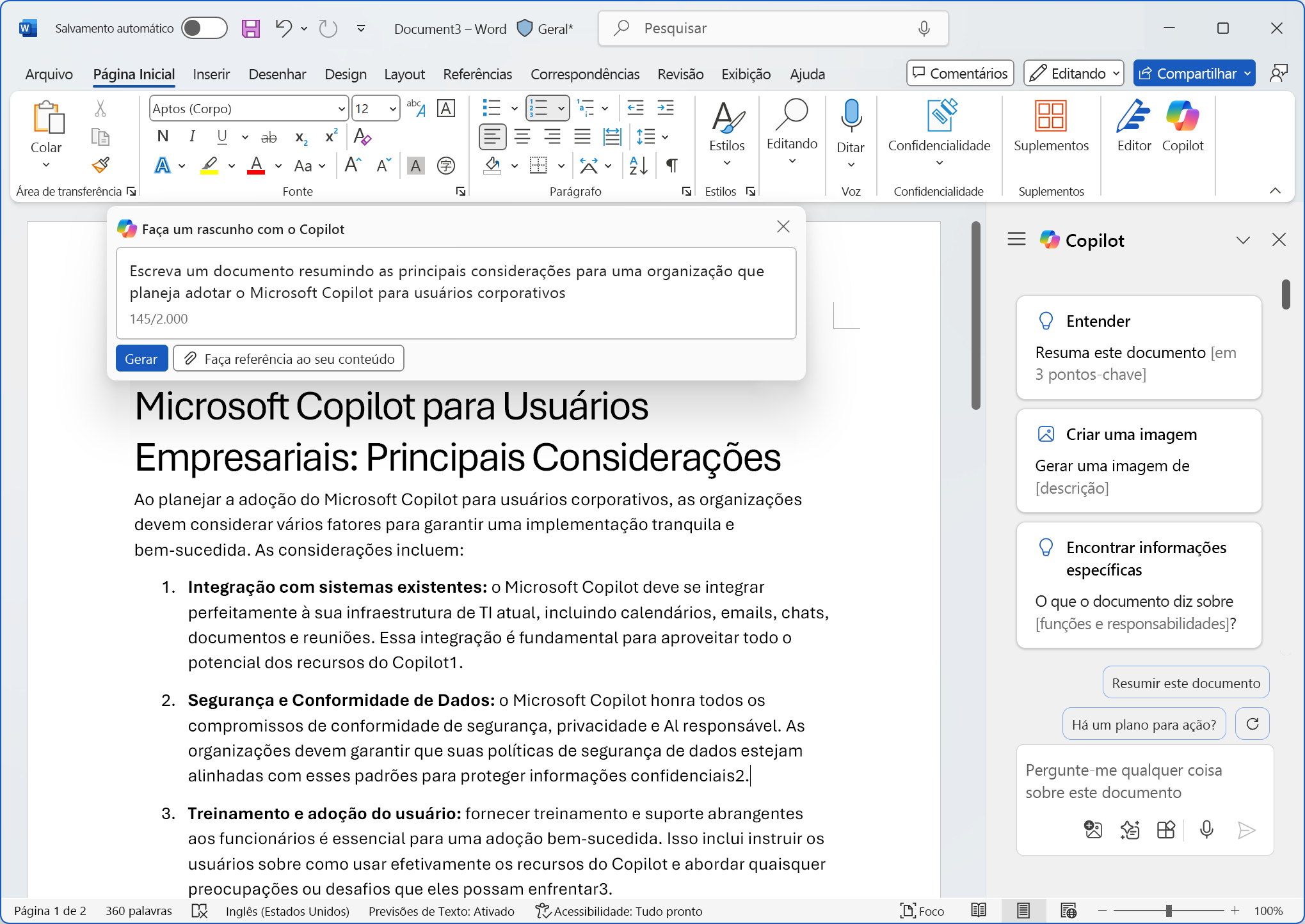 Screenshot do Microsoft Copilot para Microsoft 365 com um exemplo no Word.