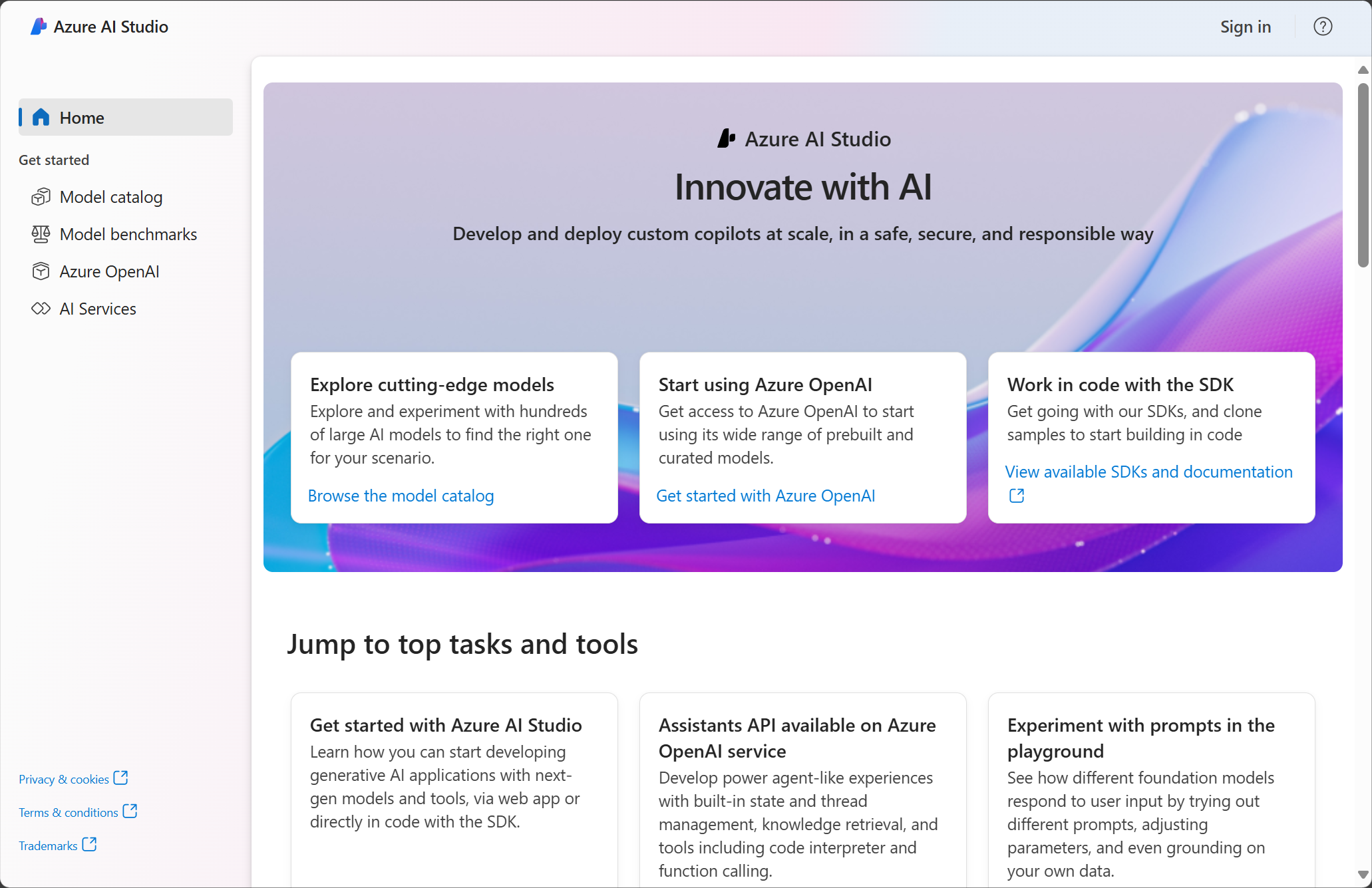 Uma captura de tela da home page da interface do Azure AI Studio que inclui botões de início rápido.