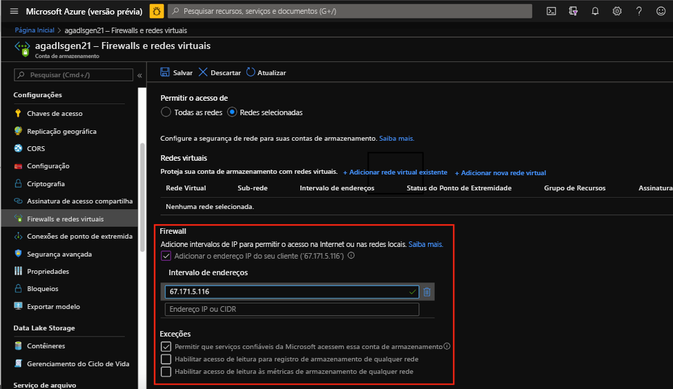 Firewalls de Armazenamento do Azure