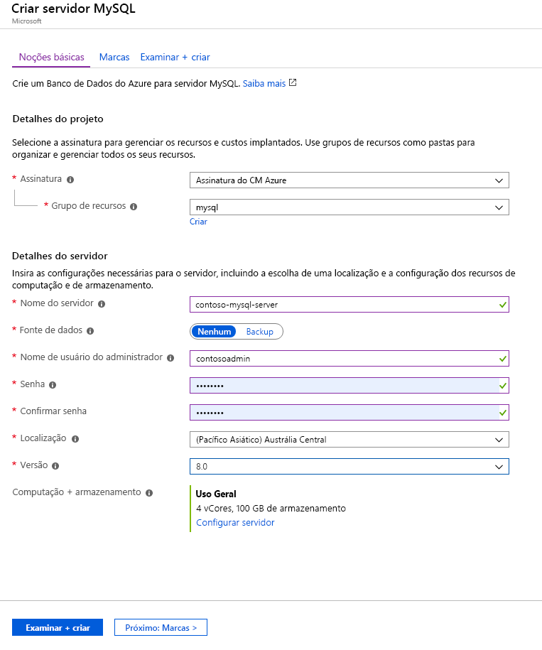 Captura de ecrã a mostrar uma configuração de exemplo para a Base de Dados do Azure para MySQL no portal do Azure.