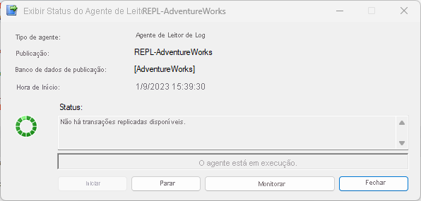 Captura de tela mostrando o status do leitor de logs em uma replicação transacional.